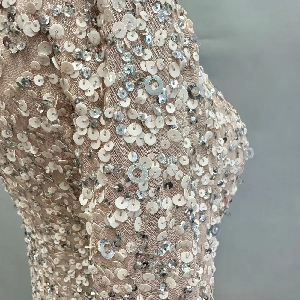 Adrianna Papell 3/4 Sleeve Scoop Back Champagne Sequin‎ Maxi Gown Size 4